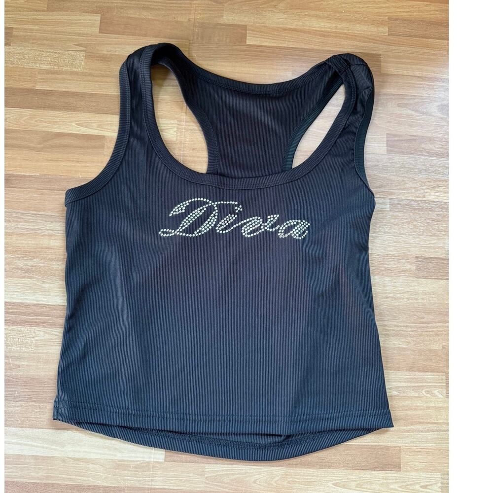Y2K Black Ribbed Rhinestone "Diva" Racerback Crop Tank Top - Size XL